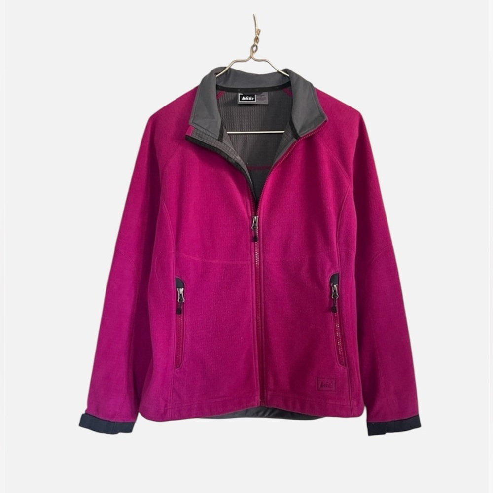 REI Womens Full‎ Zip Fleece Jacket Magenta Pink Grid Interior Outdoor Hiking M